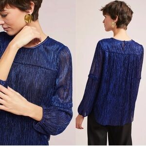 Anthropologie Blue Metallic Long Sleeve Flowing Blouse, Size Small